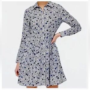 J. Crew Blue & White Floral Collared Shirt Dress Sz 4 100% Cotton Long Sleeve